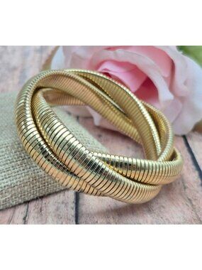 Gold Tone Triple Snake Chain Bracelet Intertwined Statement Chunky